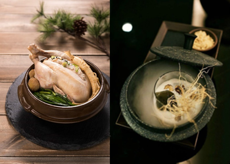 Pictured here are (left) samgyetang (ginger chicken soup), a food traditionally eaten in Korea to beat the summer heat, and the cocktail "Stone Pot" (right), inspired by samgyetang. Dry ice creates a smoke effect as if the drink is a hot serving of samgyetang. (iclickart, Alice Cheongdam)